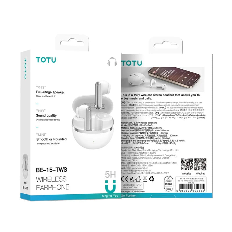 Écouteurs sans fil TOTU BE-15-TWS compatibles Bluetooth, son HiFi, étanches IPX7 - Blanc