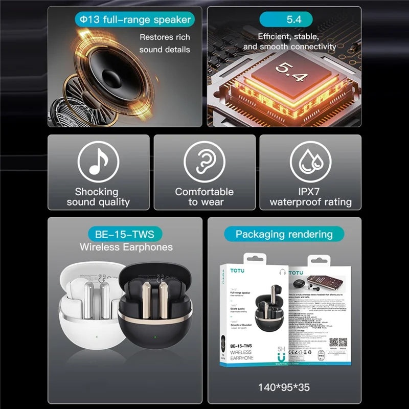 Écouteurs sans fil TOTU BE-15-TWS compatibles Bluetooth, son HiFi, étanches IPX7 - Blanc